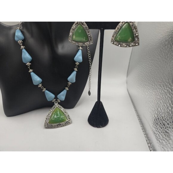 Vintage Bijoux Terner Necklace Earrings Green Blue Resin Rhinestone NOS on card - Picture 4 of 8